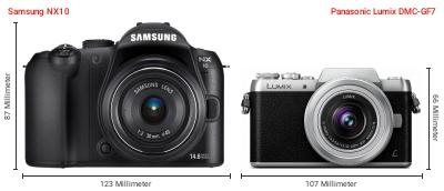 Größenvergleich: Samsung NX10 vs. Panasonic Lumix DMC-GF7 Größenvergleich: Samsung NX10 vs. Panasonic Lumix DMC-GF7