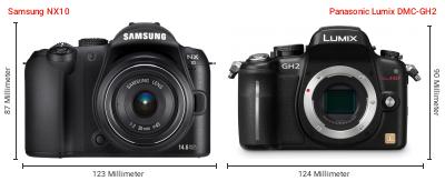 Größenvergleich: Samsung NX10 vs. Panasonic Lumix DMC-GH2 Größenvergleich: Samsung NX10 vs. Panasonic Lumix DMC-GH2