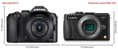 Größenvergleich: Samsung NX10 vs. Panasonic Lumix DMC-GX1 Größenvergleich: Samsung NX10 vs. Panasonic Lumix DMC-GX1