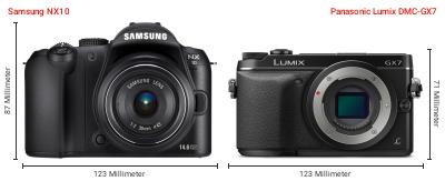Größenvergleich: Samsung NX10 vs. Panasonic Lumix DMC-GX7 Größenvergleich: Samsung NX10 vs. Panasonic Lumix DMC-GX7