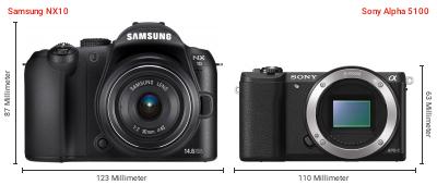 Größenvergleich: Samsung NX10 vs. Sony Alpha 5100 Größenvergleich: Samsung NX10 vs. Sony Alpha 5100