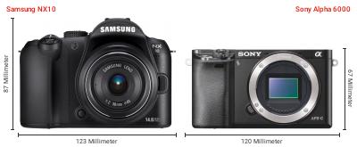Größenvergleich: Samsung NX10 vs. Sony Alpha 6000 Größenvergleich: Samsung NX10 vs. Sony Alpha 6000