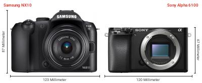 Größenvergleich: Samsung NX10 vs. Sony Alpha 6100 Größenvergleich: Samsung NX10 vs. Sony Alpha 6100