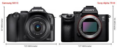Größenvergleich: Samsung NX10 vs. Sony Alpha 7R III Größenvergleich: Samsung NX10 vs. Sony Alpha 7R III