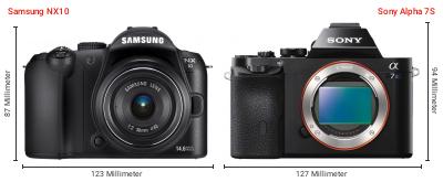 Größenvergleich: Samsung NX10 vs. Sony Alpha 7S Größenvergleich: Samsung NX10 vs. Sony Alpha 7S
