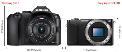 Größenvergleich: Samsung NX10 vs. Sony Alpha NEX-3N Größenvergleich: Samsung NX10 vs. Sony Alpha NEX-3N