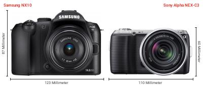 Größenvergleich: Samsung NX10 vs. Sony Alpha NEX-C3 Größenvergleich: Samsung NX10 vs. Sony Alpha NEX-C3