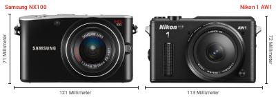 Größenvergleich: Samsung NX100 vs. Nikon 1 AW1 Größenvergleich: Samsung NX100 vs. Nikon 1 AW1
