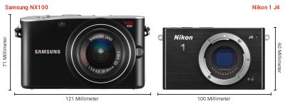 Größenvergleich: Samsung NX100 vs. Nikon 1 J4 Größenvergleich: Samsung NX100 vs. Nikon 1 J4