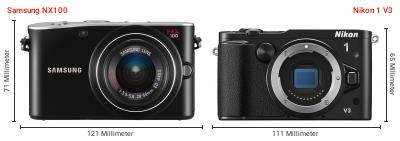 Größenvergleich: Samsung NX100 vs. Nikon 1 V3 Größenvergleich: Samsung NX100 vs. Nikon 1 V3