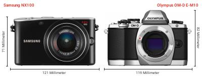 Größenvergleich: Samsung NX100 vs. OM System OM-D E-M10 Größenvergleich: Samsung NX100 vs. OM System OM-D E-M10