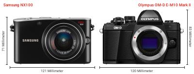 Größenvergleich: Samsung NX100 vs. OM System OM-D E-M10 Mark II Größenvergleich: Samsung NX100 vs. OM System OM-D E-M10 Mark II