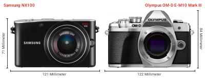 Größenvergleich: Samsung NX100 vs. OM System OM-D E-M10 Mark III Größenvergleich: Samsung NX100 vs. OM System OM-D E-M10 Mark III