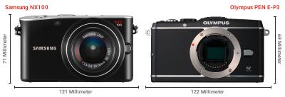 Größenvergleich: Samsung NX100 vs. Olympus PEN E-P3 Größenvergleich: Samsung NX100 vs. Olympus PEN E-P3