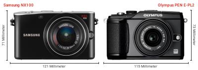 Größenvergleich: Samsung NX100 vs. OM System PEN E-PL2