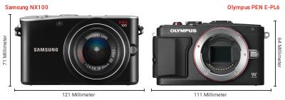 Größenvergleich: Samsung NX100 vs. OM System PEN E-PL6 Größenvergleich: Samsung NX100 vs. OM System PEN E-PL6