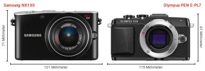 Größenvergleich: Samsung NX100 vs. OM System PEN E-PL7 Größenvergleich: Samsung NX100 vs. OM System PEN E-PL7