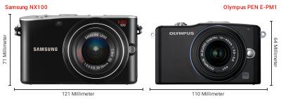 Größenvergleich: Samsung NX100 vs. OM System PEN E-PM1 Größenvergleich: Samsung NX100 vs. OM System PEN E-PM1
