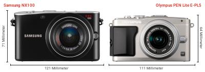Größenvergleich: Samsung NX100 vs. Olympus PEN Lite E-PL5 Größenvergleich: Samsung NX100 vs. Olympus PEN Lite E-PL5