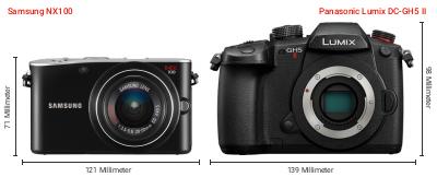 Größenvergleich: Samsung NX100 vs. Panasonic Lumix DC-GH5 II Größenvergleich: Samsung NX100 vs. Panasonic Lumix DC-GH5 II