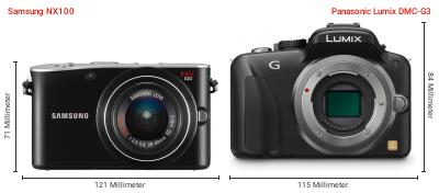 Größenvergleich: Samsung NX100 vs. Panasonic Lumix DMC-G3 Größenvergleich: Samsung NX100 vs. Panasonic Lumix DMC-G3