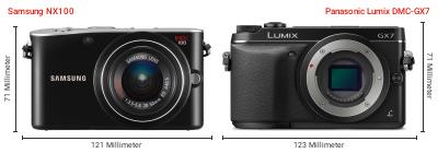 Größenvergleich: Samsung NX100 vs. Panasonic Lumix DMC-GX7 Größenvergleich: Samsung NX100 vs. Panasonic Lumix DMC-GX7