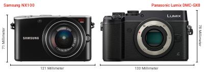 Größenvergleich: Samsung NX100 vs. Panasonic Lumix DMC-GX8 Größenvergleich: Samsung NX100 vs. Panasonic Lumix DMC-GX8