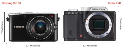 Größenvergleich: Samsung NX100 vs. Pentax K-01 Größenvergleich: Samsung NX100 vs. Pentax K-01