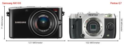 Größenvergleich: Samsung NX100 vs. Pentax Q7 Größenvergleich: Samsung NX100 vs. Pentax Q7