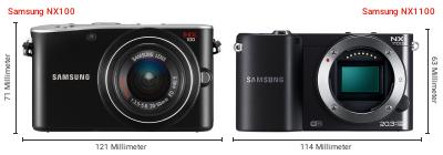 Größenvergleich: Samsung NX100 vs. Samsung NX1100 Größenvergleich: Samsung NX100 vs. Samsung NX1100