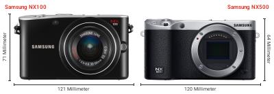 Größenvergleich: Samsung NX100 vs. Samsung NX500 Größenvergleich: Samsung NX100 vs. Samsung NX500
