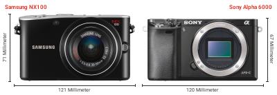 Größenvergleich: Samsung NX100 vs. Sony Alpha 6000 Größenvergleich: Samsung NX100 vs. Sony Alpha 6000