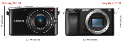 Größenvergleich: Samsung NX100 vs. Sony Alpha 6100 Größenvergleich: Samsung NX100 vs. Sony Alpha 6100