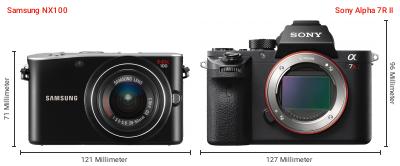 Größenvergleich: Samsung NX100 vs. Sony Alpha 7R II Größenvergleich: Samsung NX100 vs. Sony Alpha 7R II