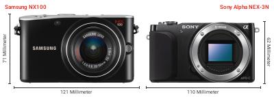 Größenvergleich: Samsung NX100 vs. Sony Alpha NEX-3N Größenvergleich: Samsung NX100 vs. Sony Alpha NEX-3N