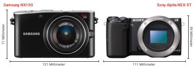 Größenvergleich: Samsung NX100 vs. Sony Alpha NEX-5T Größenvergleich: Samsung NX100 vs. Sony Alpha NEX-5T