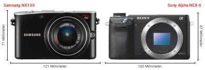 Größenvergleich: Samsung NX100 vs. Sony Alpha NEX-6 Größenvergleich: Samsung NX100 vs. Sony Alpha NEX-6
