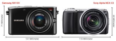 Größenvergleich: Samsung NX100 vs. Sony Alpha NEX-C3 Größenvergleich: Samsung NX100 vs. Sony Alpha NEX-C3