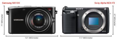 Größenvergleich: Samsung NX100 vs. Sony Alpha NEX-F3 Größenvergleich: Samsung NX100 vs. Sony Alpha NEX-F3