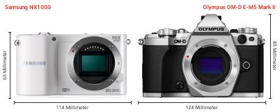 Größenvergleich: Samsung NX1000 vs. OM System OM-D E-M5 Mark II