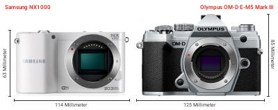 Größenvergleich: Samsung NX1000 vs. OM System OM-D E-M5 Mark III