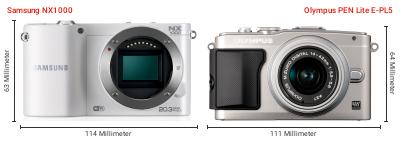 Größenvergleich: Samsung NX1000 vs. OM System PEN Lite E-PL5 Größenvergleich: Samsung NX1000 vs. OM System PEN Lite E-PL5