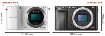 Größenvergleich: Samsung NX1000 vs. Sony Alpha 6000 Größenvergleich: Samsung NX1000 vs. Sony Alpha 6000