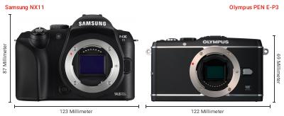 Größenvergleich: Samsung NX11 vs. OM System PEN E-P3 Größenvergleich: Samsung NX11 vs. OM System PEN E-P3