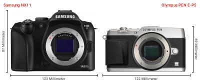 Größenvergleich: Samsung NX11 vs. OM System PEN E-P5 Größenvergleich: Samsung NX11 vs. OM System PEN E-P5