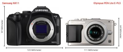Größenvergleich: Samsung NX11 vs. OM System PEN Lite E-PL5 Größenvergleich: Samsung NX11 vs. OM System PEN Lite E-PL5