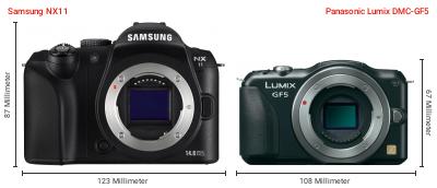 Größenvergleich: Samsung NX11 vs. Panasonic Lumix DMC-GF5 Größenvergleich: Samsung NX11 vs. Panasonic Lumix DMC-GF5