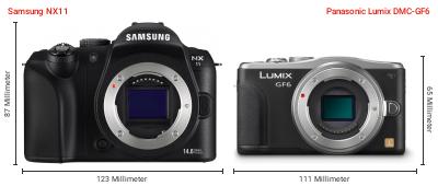 Größenvergleich: Samsung NX11 vs. Panasonic Lumix DMC-GF6 Größenvergleich: Samsung NX11 vs. Panasonic Lumix DMC-GF6