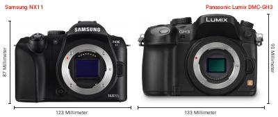 Größenvergleich: Samsung NX11 vs. Panasonic Lumix DMC-GH3 Größenvergleich: Samsung NX11 vs. Panasonic Lumix DMC-GH3