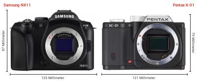 Größenvergleich: Samsung NX11 vs. Pentax K-01 Größenvergleich: Samsung NX11 vs. Pentax K-01